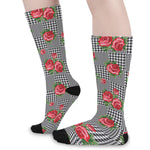 Red Roses Houndstooth Pattern Print Long Socks