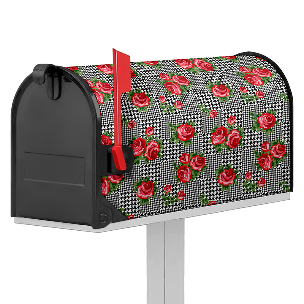 Red Roses Houndstooth Pattern Print Mailbox Cover