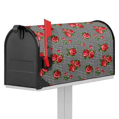 Red Roses Houndstooth Pattern Print Mailbox Cover