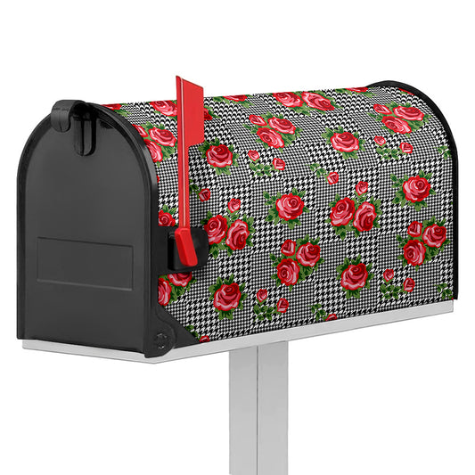 Red Roses Houndstooth Pattern Print Mailbox Cover