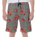 Red Roses Houndstooth Pattern Print Men's Beach Shorts