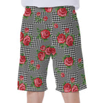 Red Roses Houndstooth Pattern Print Men's Beach Shorts