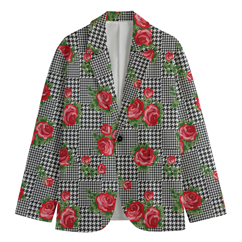 Red Roses Houndstooth Pattern Print Men's Blazer