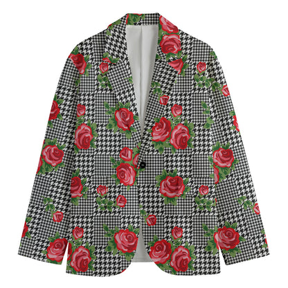 Red Roses Houndstooth Pattern Print Men's Blazer