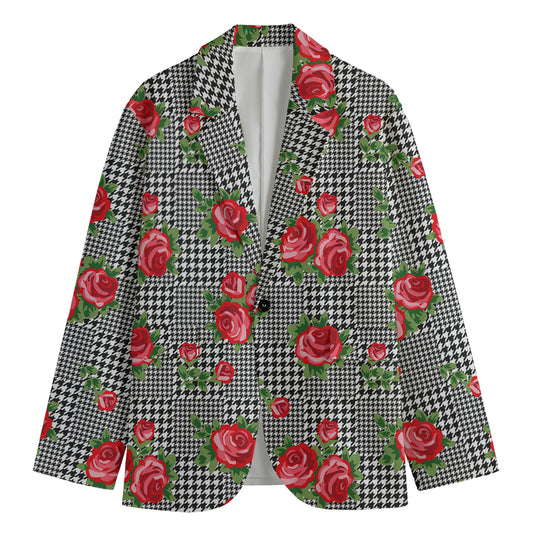 Red Roses Houndstooth Pattern Print Men's Blazer