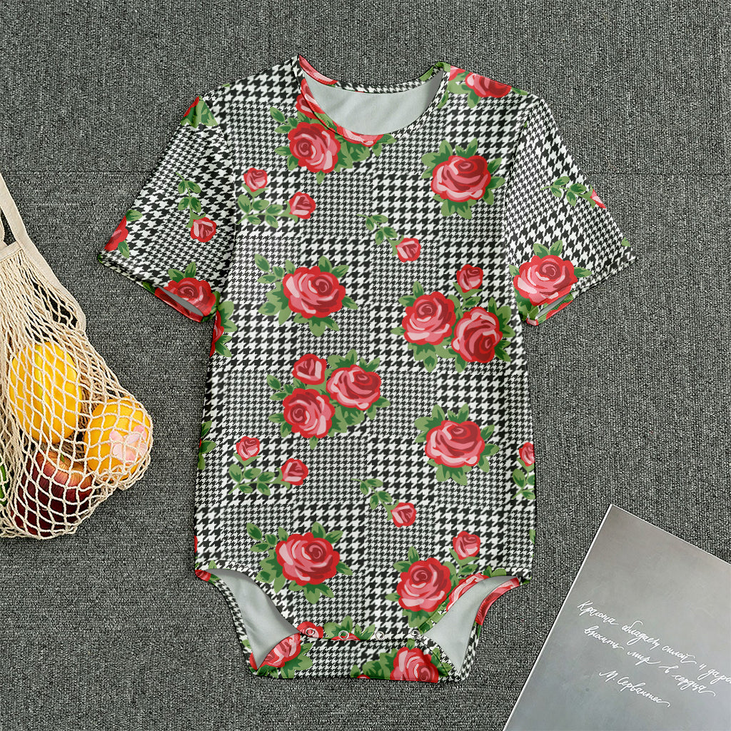 Red Roses Houndstooth Pattern Print Men's Bodysuit
