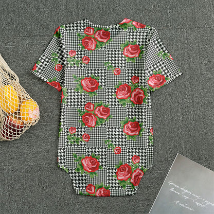 Red Roses Houndstooth Pattern Print Men's Bodysuit