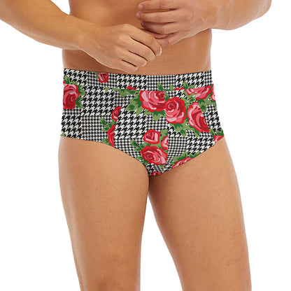 Red Roses Houndstooth Pattern Print Men's Briefs