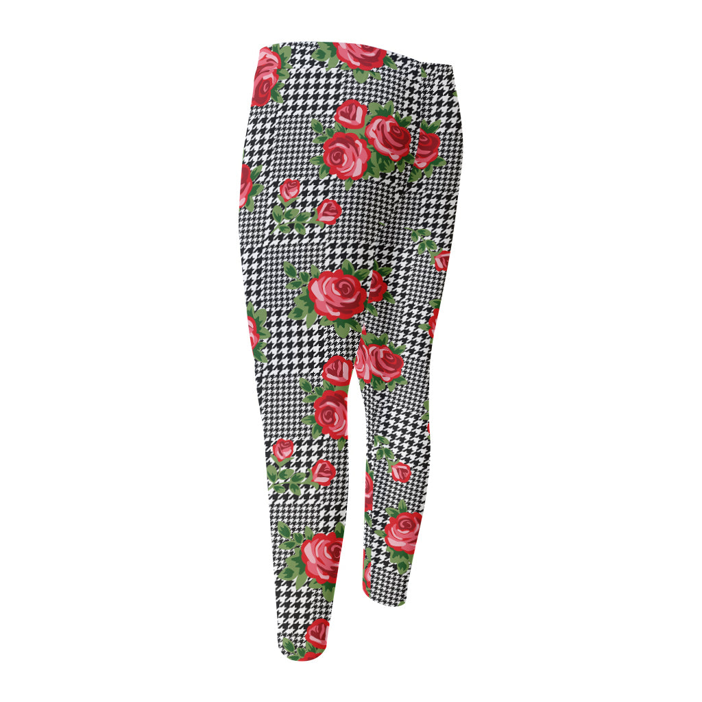 Red Roses Houndstooth Pattern Print Men's Compression Pants