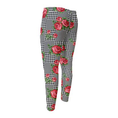 Red Roses Houndstooth Pattern Print Men's Compression Pants