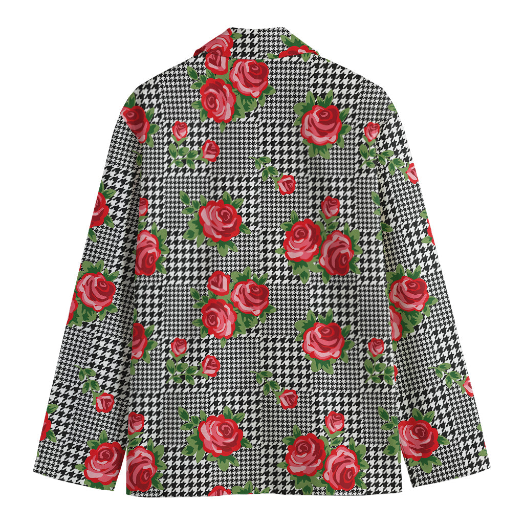 Red Roses Houndstooth Pattern Print Men's Cotton Blazer