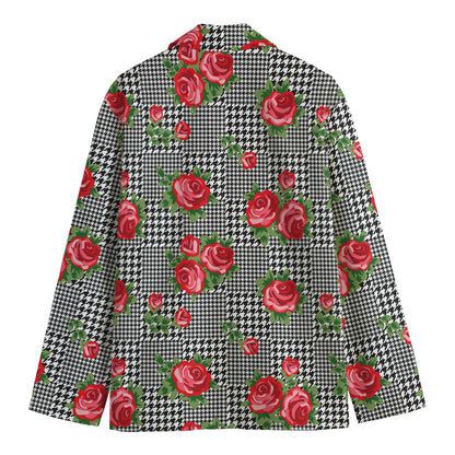 Red Roses Houndstooth Pattern Print Men's Cotton Blazer