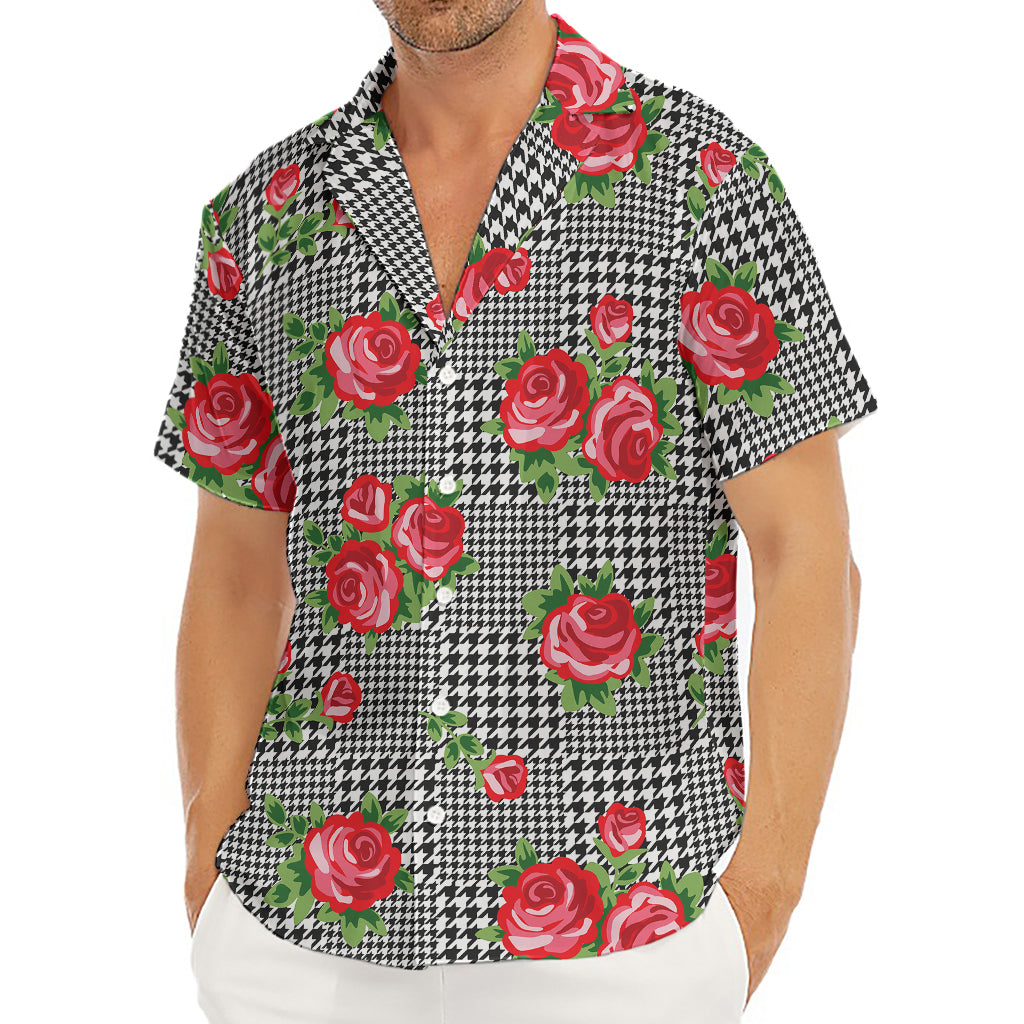 Red Roses Houndstooth Pattern Print Men's Deep V-Neck Shirt