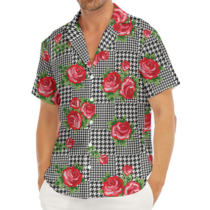 Red Roses Houndstooth Pattern Print Men's Deep V-Neck Shirt