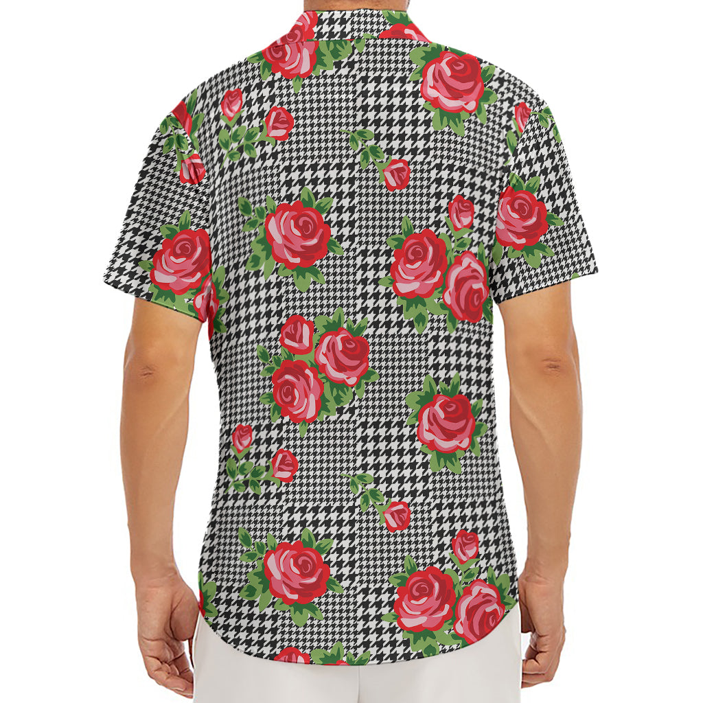Red Roses Houndstooth Pattern Print Men's Deep V-Neck Shirt