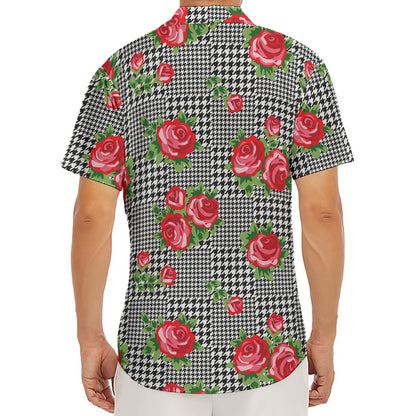 Red Roses Houndstooth Pattern Print Men's Deep V-Neck Shirt