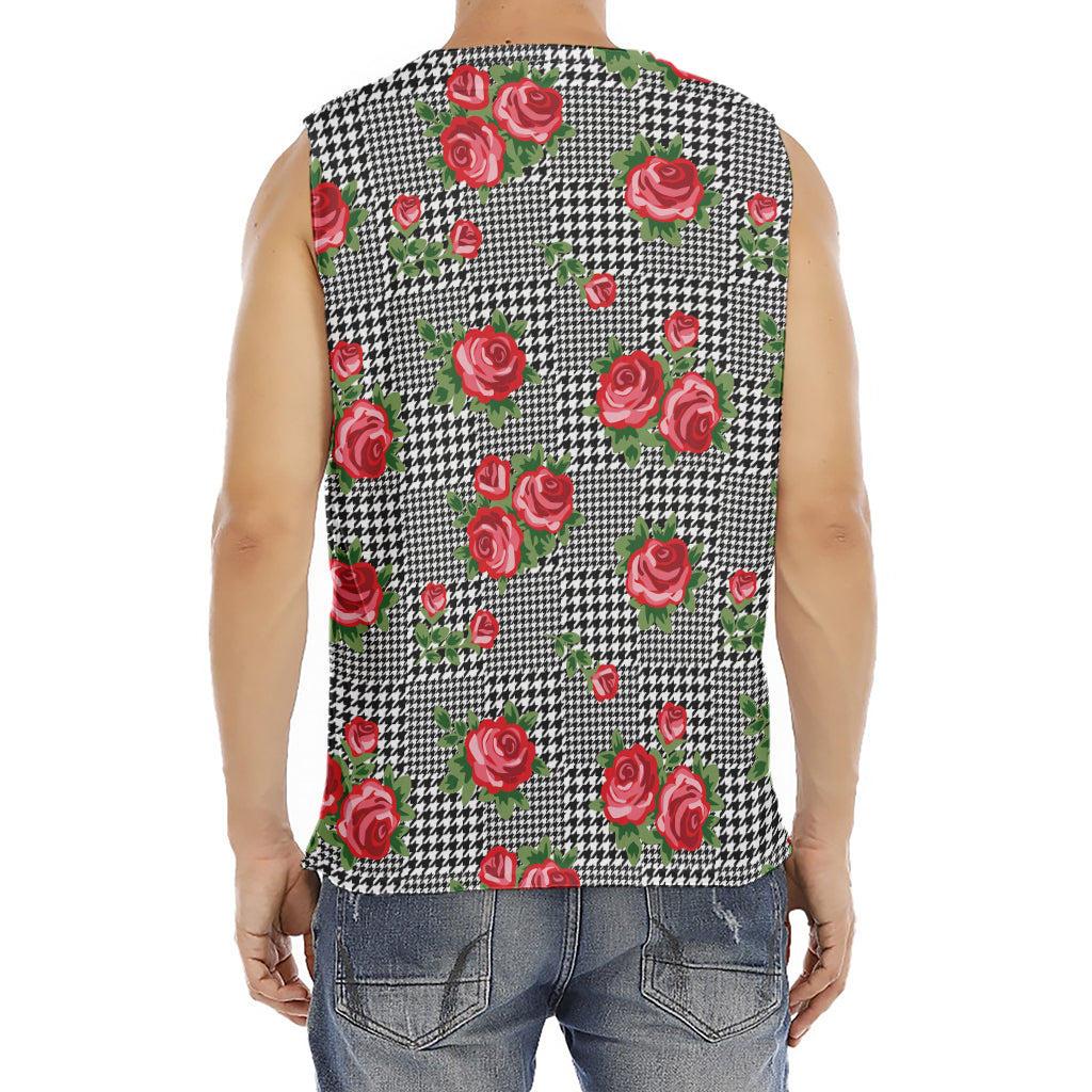 Red Roses Houndstooth Pattern Print Men's Fitness Tank Top