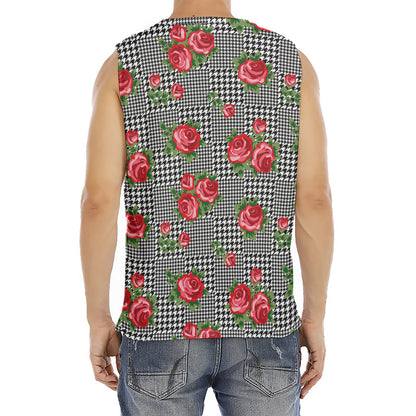Red Roses Houndstooth Pattern Print Men's Fitness Tank Top