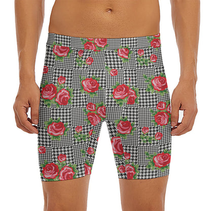 Red Roses Houndstooth Pattern Print Men's Long Boxer Briefs
