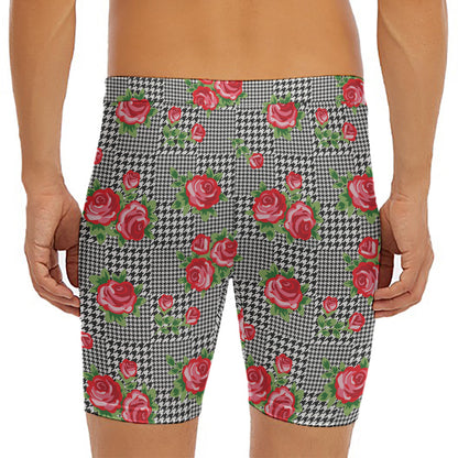 Red Roses Houndstooth Pattern Print Men's Long Boxer Briefs