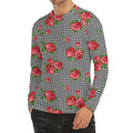 Red Roses Houndstooth Pattern Print Men's Long Sleeve Rash Guard