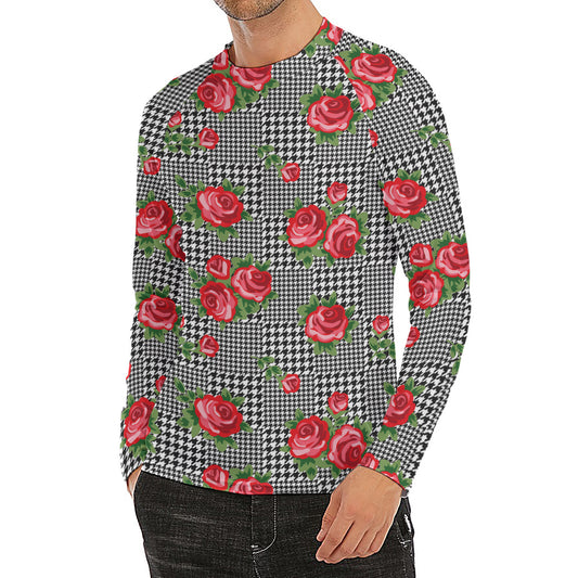 Red Roses Houndstooth Pattern Print Men's Long Sleeve Rash Guard