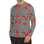 Red Roses Houndstooth Pattern Print Men's Long Sleeve Rash Guard