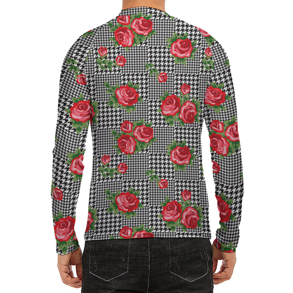 Red Roses Houndstooth Pattern Print Men's Long Sleeve Rash Guard