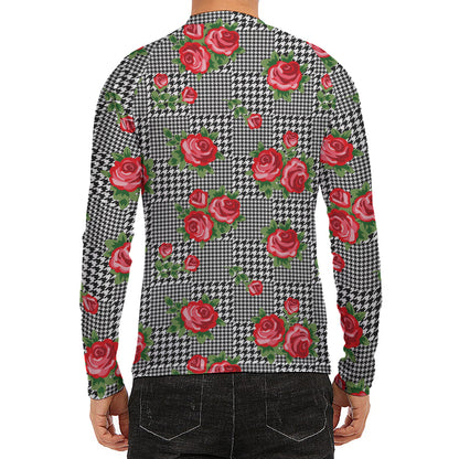 Red Roses Houndstooth Pattern Print Men's Long Sleeve Rash Guard