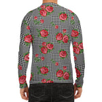 Red Roses Houndstooth Pattern Print Men's Long Sleeve Rash Guard