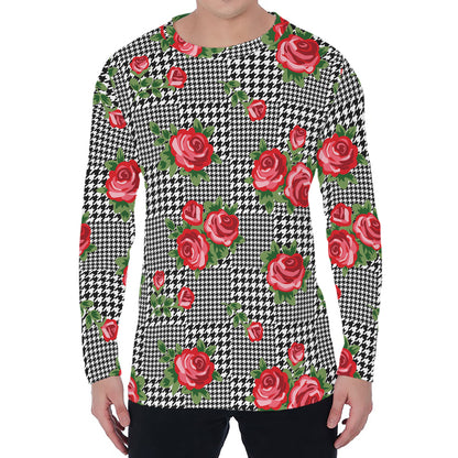 Red Roses Houndstooth Pattern Print Men's Long Sleeve T-Shirt