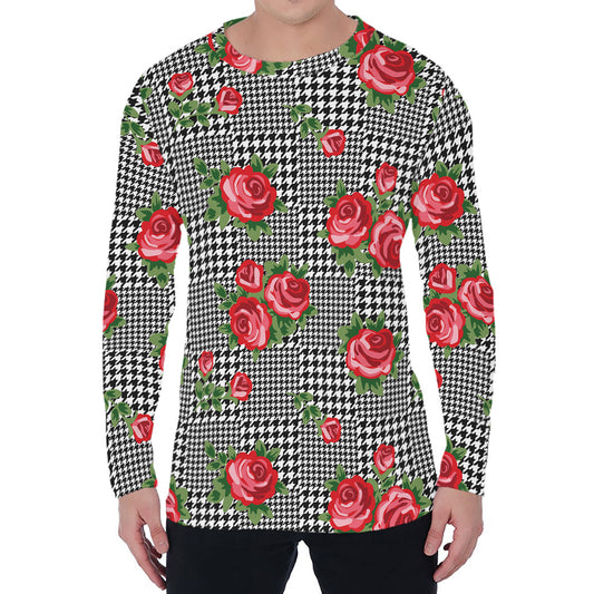 Red Roses Houndstooth Pattern Print Men's Long Sleeve T-Shirt