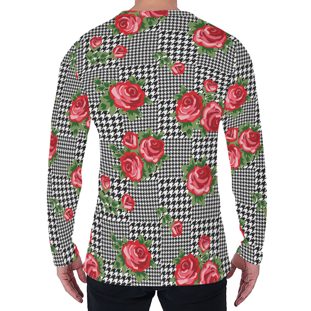 Red Roses Houndstooth Pattern Print Men's Long Sleeve T-Shirt