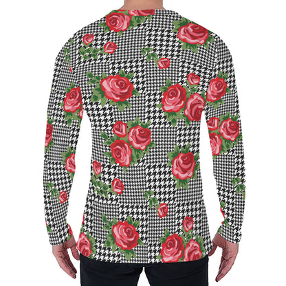 Red Roses Houndstooth Pattern Print Men's Long Sleeve T-Shirt