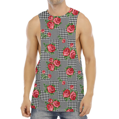 Red Roses Houndstooth Pattern Print Men's Muscle Tank Top