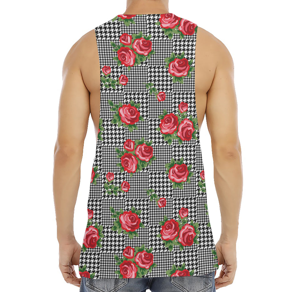 Red Roses Houndstooth Pattern Print Men's Muscle Tank Top