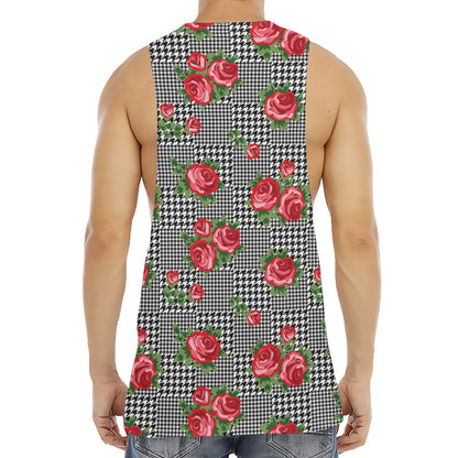 Red Roses Houndstooth Pattern Print Men's Muscle Tank Top