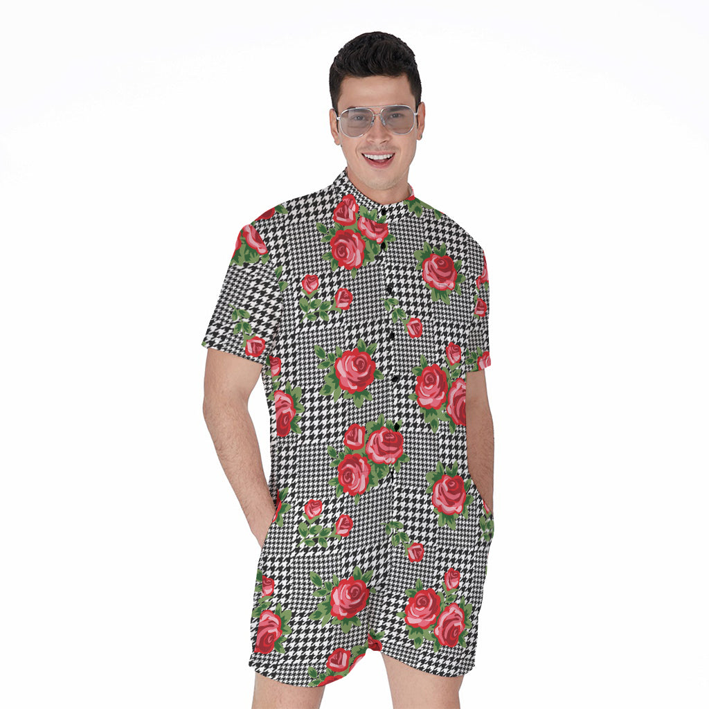 Red Roses Houndstooth Pattern Print Men's Rompers
