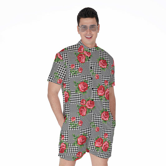 Red Roses Houndstooth Pattern Print Men's Rompers