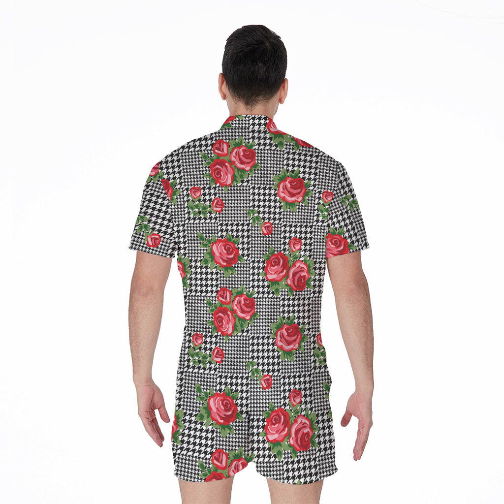 Red Roses Houndstooth Pattern Print Men's Rompers