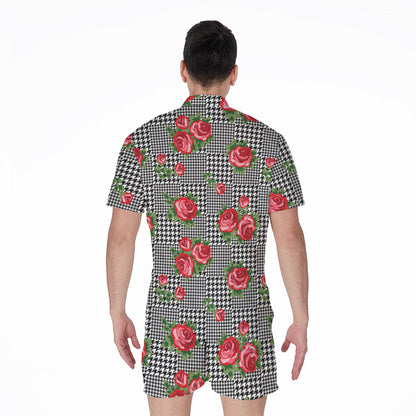 Red Roses Houndstooth Pattern Print Men's Rompers