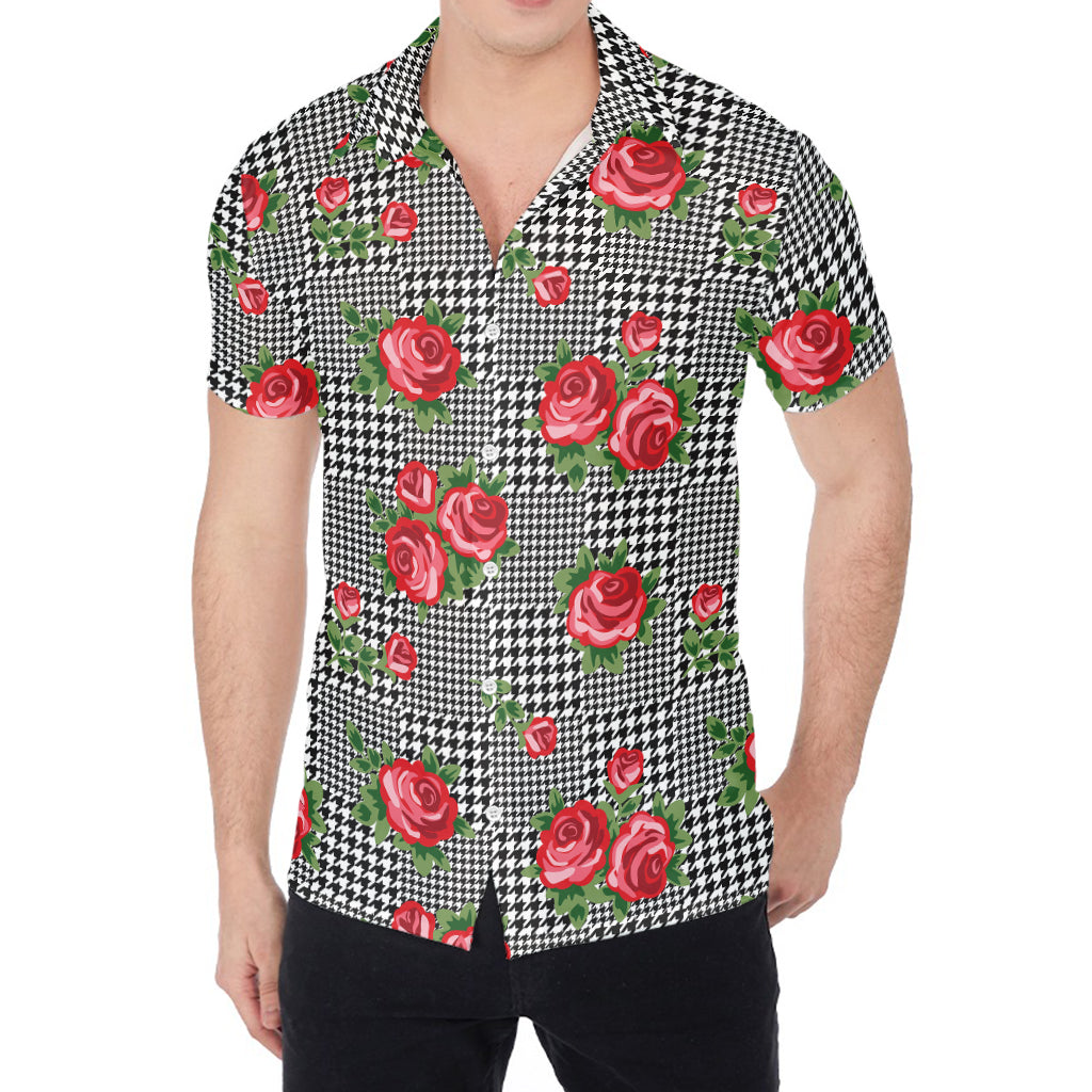 Red Roses Houndstooth Pattern Print Men's Shirt