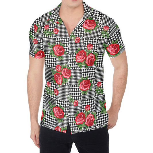Red Roses Houndstooth Pattern Print Men's Shirt