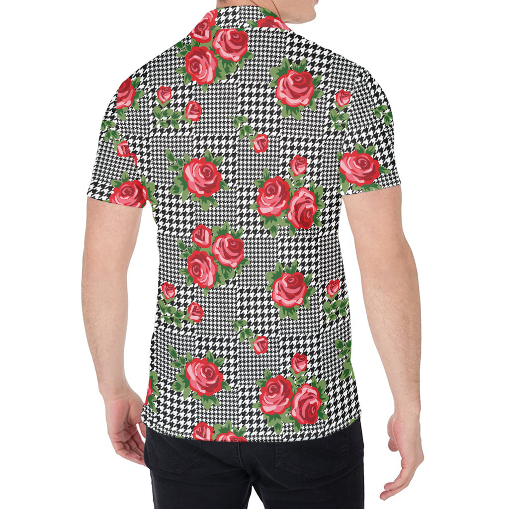 Red Roses Houndstooth Pattern Print Men's Shirt
