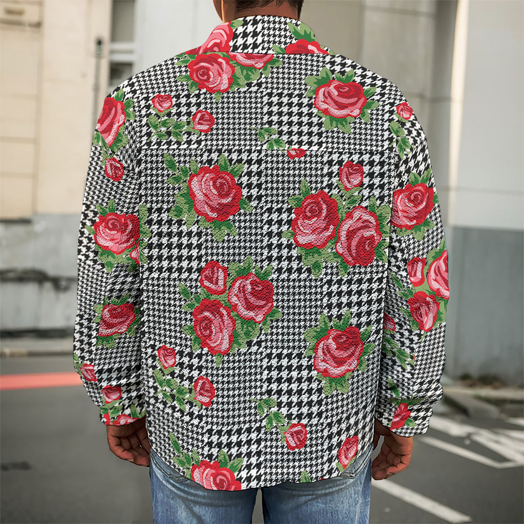 Red Roses Houndstooth Pattern Print Men's Shirt Jacket