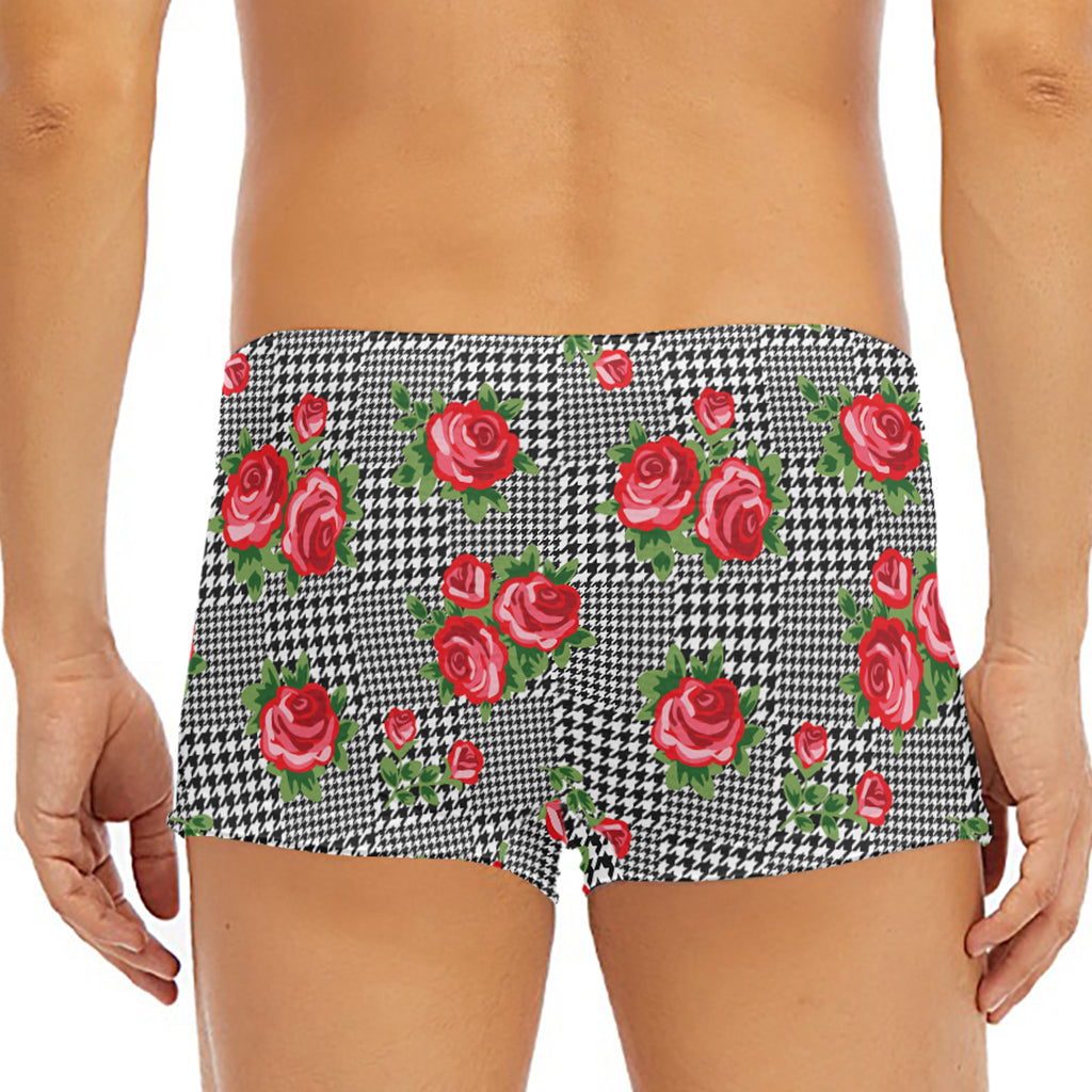 Red Roses Houndstooth Pattern Print Men's Short Boxer Briefs