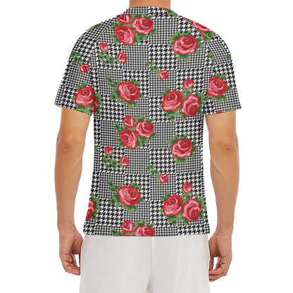 Red Roses Houndstooth Pattern Print Men's Short Sleeve Rash Guard