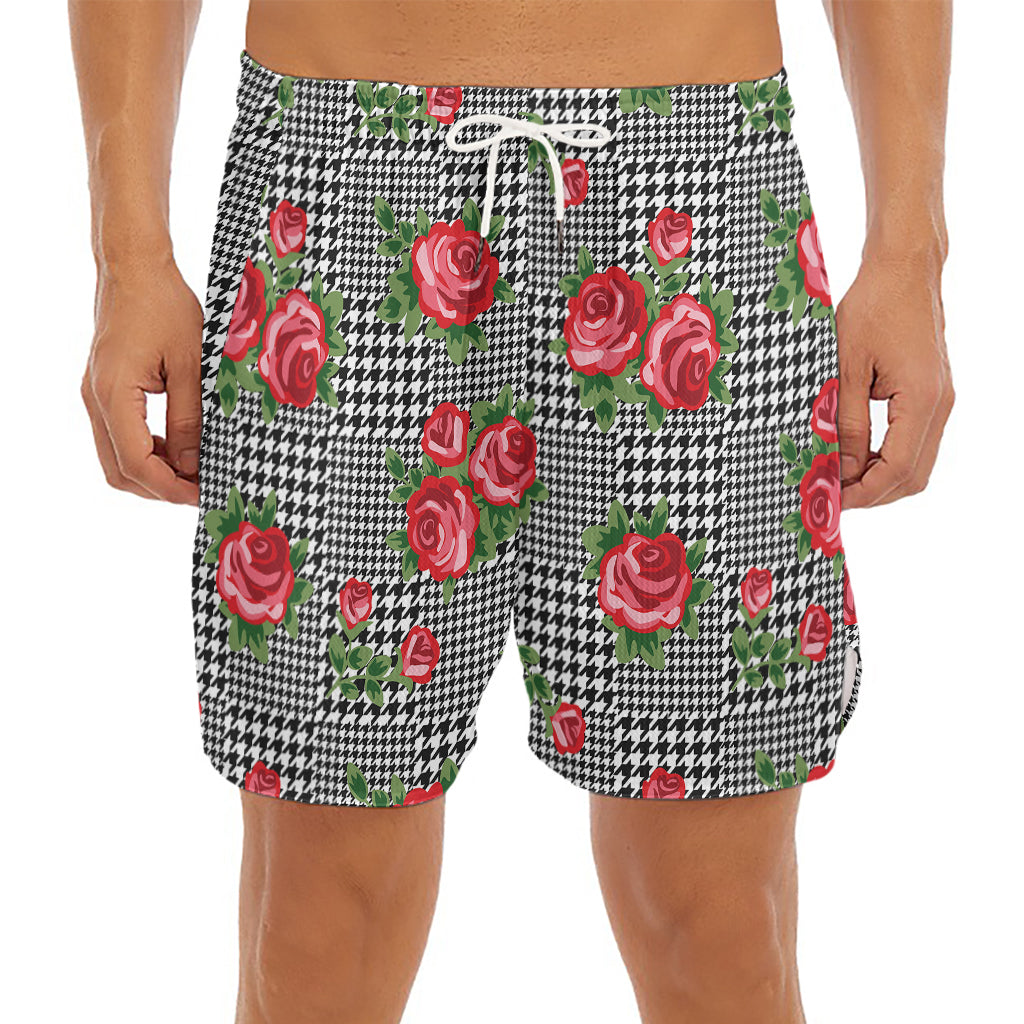 Red Roses Houndstooth Pattern Print Men's Split Running Shorts