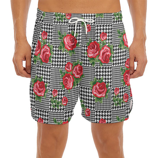 Red Roses Houndstooth Pattern Print Men's Split Running Shorts