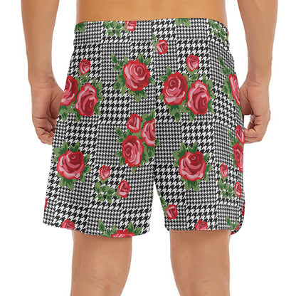 Red Roses Houndstooth Pattern Print Men's Split Running Shorts